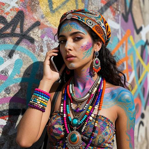 Photograph of a Latina woman with colorful face and body paint, wearing vibrant jewelry and a patterned headscarf, standing against a graffiti-covered wall