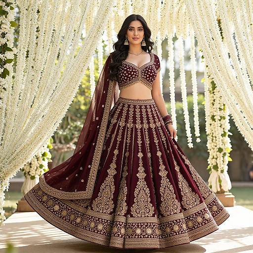 Photograph of a beautiful Indian woman with long black hair, wearing a maroon and gold embroidered traditional lehenga and choli, standing under cascading