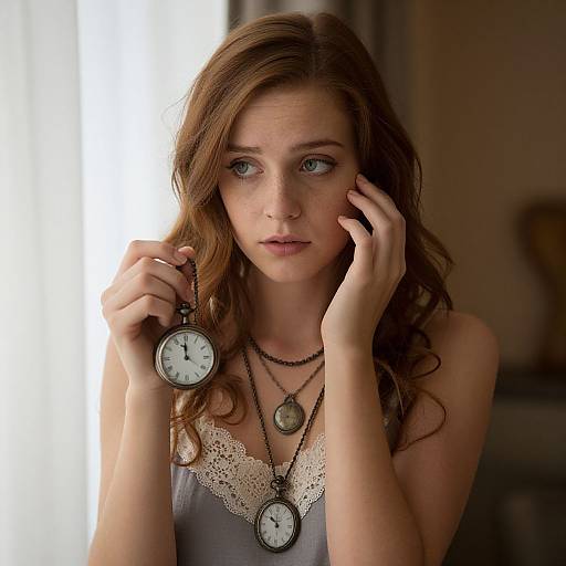 Photograph of a young woman with long brown hair, blue eyes, and fair skin, holding two vintage pocket watches, wearing a lace-trimmed