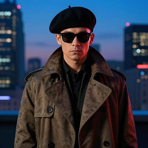 Photograph of a man in a black beret, dark sunglasses, and brown camo coat, against a twilight cityscape with blurred skyscrapers