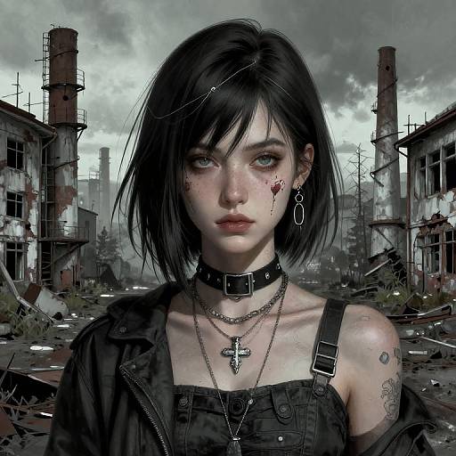 Digital artwork of a pale, gothic young woman with black hair, piercings, blood on her face, wearing a black choker and cross