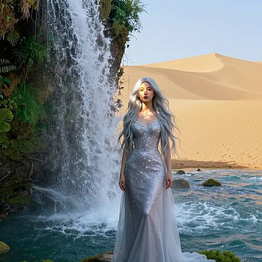 Digital artwork of a silver-haired woman in a shimmering silver gown standing in front of a waterfall, with desert sand dunes in the background.
