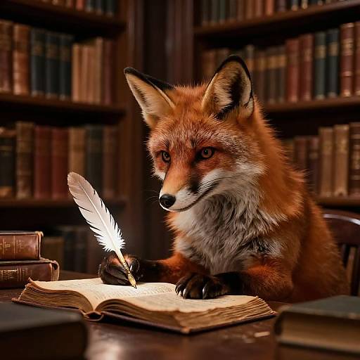 Photograph of a red fox with piercing eyes, writing with a white feather quill on an open book in a dimly lit, wooden library with