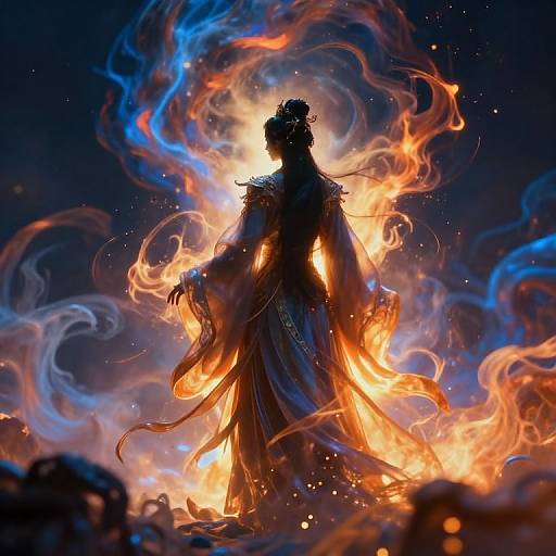 Digital artwork of a silhouetted figure in elaborate robes, standing amidst swirling blue and orange flames, with a bright, glowing halo behind their head