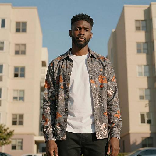 Photograph of a serious Black man with short curly hair, wearing a patterned gray shirt, white t-shirt, and black pants, standing in front