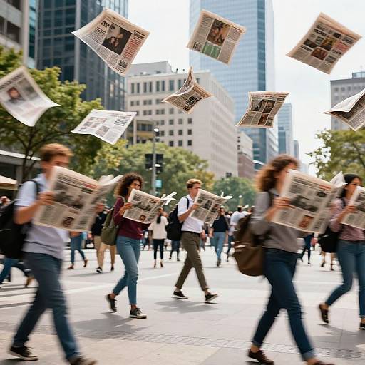 Photograph of a bustling city street with blurred pedestrians holding newspapers, some floating mid-air, tall skyscrapers in the background.