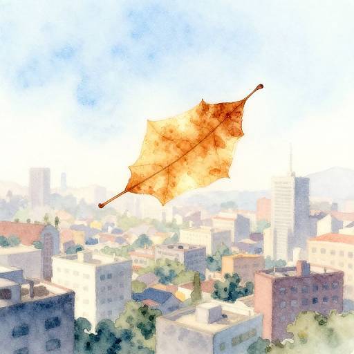 Watercolor-style drawing of a fiery rocket soaring over a sunlit, pastel-colored urban skyline with scattered green trees and buildings.