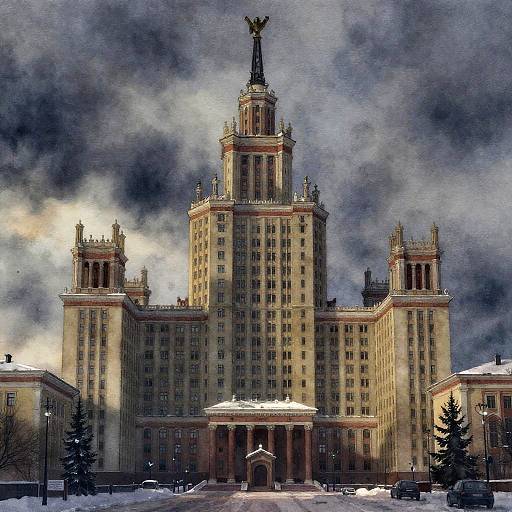 Watercolor Soviet Skyscraper in Snow