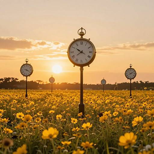 Photograph of a sunlit field with yellow flowers, featuring five vintage-style clock posts in the background, at sunset.