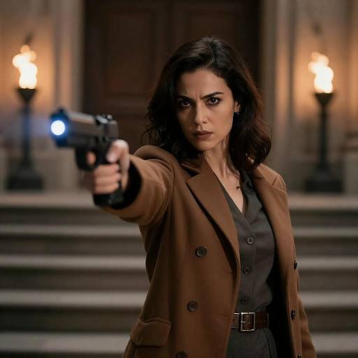 Cinematic Woman Aiming Glowing Pistol