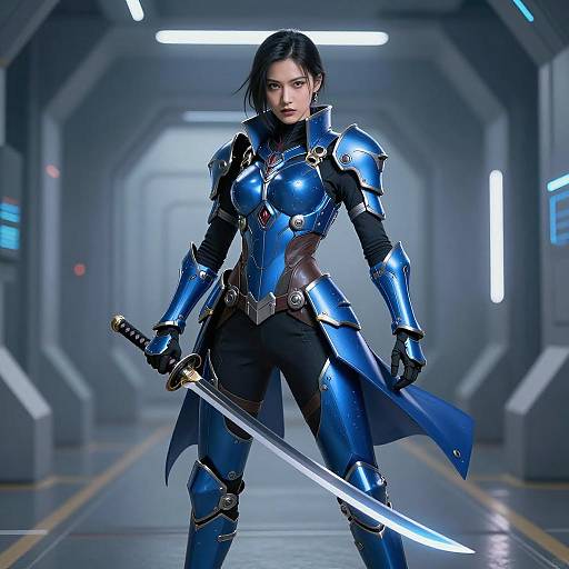 Futuristic Woman Warrior in Blue Armor with Katana