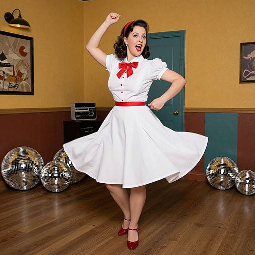 Vintage-style photograph of a smiling woman in a white dress with red bow, red shoes, and red headband, dancing in a room with yellow walls