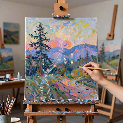 Photograph of a hand painting vibrant mountain landscape on canvas easel, featuring swirling colors and tree details, in an artist's studio.
