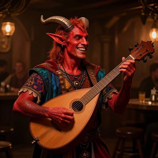 Photograph of a red-skinned, horned demon with long red hair, smiling while playing an acoustic guitar in a dimly lit, rustic bar