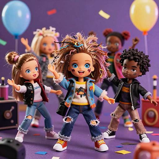 Photograph of colorful, animated doll children dancing with balloons, wearing trendy clothes, in a vibrant, party-filled background with confetti.