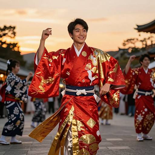 Photograph of a smiling Asian man in a vibrant red and gold kimono performing a traditional dance at sunset, with blurred dancers in similar attire in the