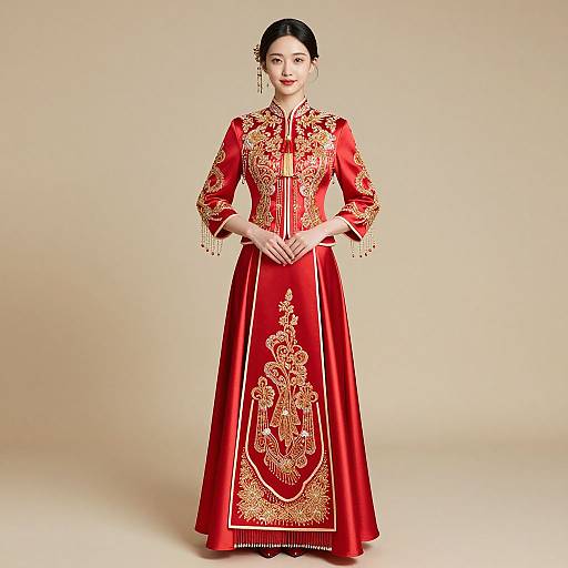 Photograph of an Asian woman with fair skin, black hair in a bun, wearing a vibrant red traditional Chinese gown adorned with intricate gold embroidery, standing