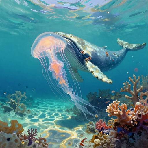 Impressionistic Underwater Scene with Jellyfish and Whale Skeleton