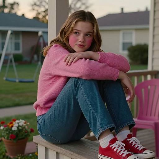 Photograph of a young girl with light brown hair, pink sweater, blue jeans, red sneakers, and pink face blush, sitting on a porch bench