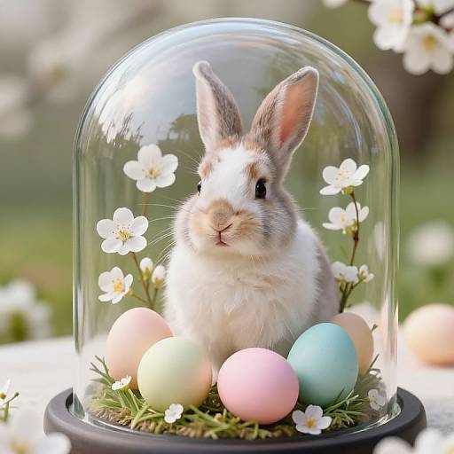 Photograph of a cute, gray and white bunny with large ears, surrounded by pastel Easter eggs and white flowers under a clear glass dome, set
