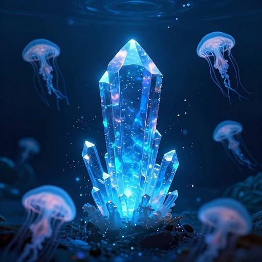 Photorealistic digital art: Glowing blue crystal formation surrounded by translucent jellyfish in a dark, underwater setting. Crystals illuminate the surrounding water,