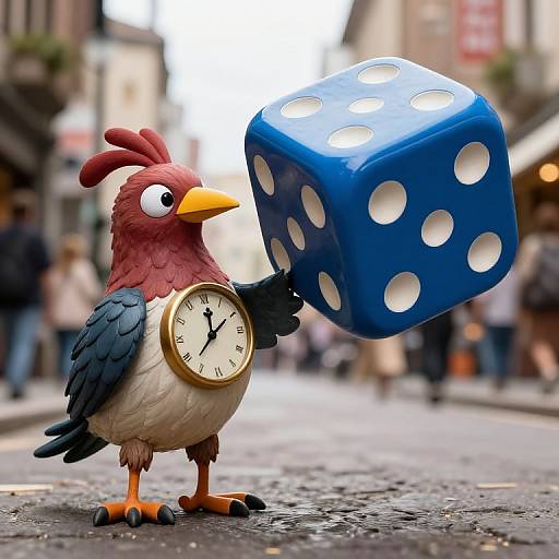 Photorealistic CGI: A red and blue cartoon bird with a clock chest, holding a large blue dice with white spots, on a busy, blurred