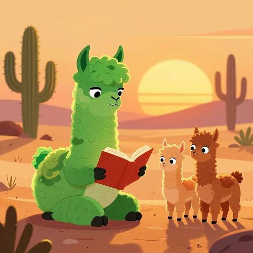 Digital cartoon of a green, fluffy llama reading a red book to two smaller alpacas in a desert sunset with cacti.