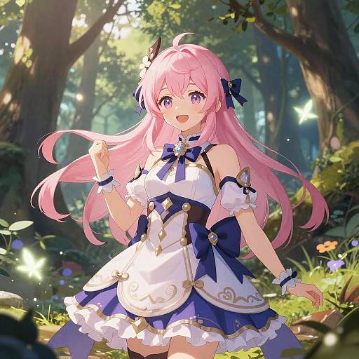 Anime-style digital illustration of a pink-haired girl with purple eyes, wearing a white and blue frilled dress, in a sunlit forest with glowing butterflies