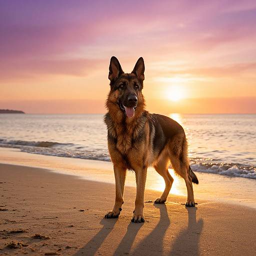 Majestic German Shepherd at Sunset Beach