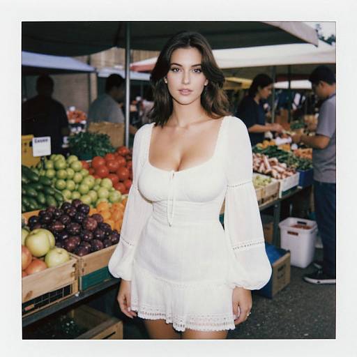 Photograph of a brunette woman with fair skin, wearing a white, long-sleeve, low-cut dress, standing in a bustling outdoor market with