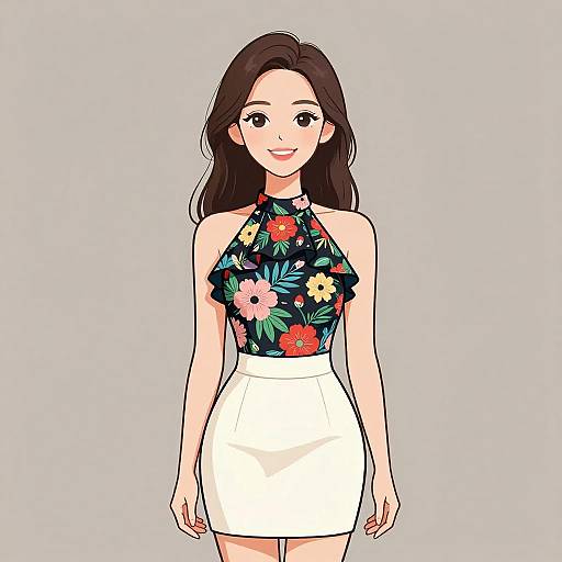 Digital anime-style drawing of a smiling woman with long brown hair, wearing a black floral halter top and white high-waisted skirt.