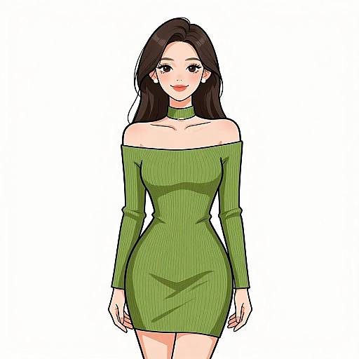 Smiling Woman in Olive Green Dress