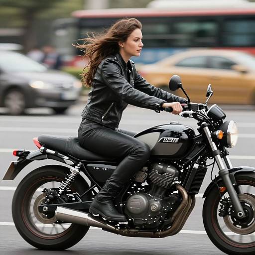Photograph of a young woman with long brown hair, wearing a black leather jacket and pants, riding a black Honda motorcycle on a city street with blurred