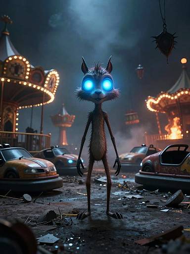 Creepy, blue-eyed, glowing-eyed creature with furry texture stands in a dark, abandoned carnival with broken cars and illuminated, damaged rides. Digital art