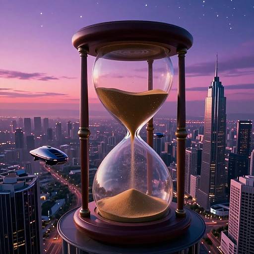 Surreal Hourglass Over Futuristic City
