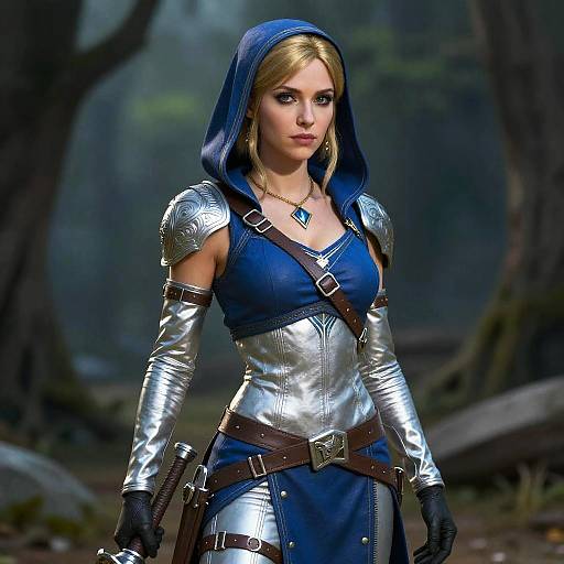 Digital art of a blonde woman in a blue hooded dress with silver armor, black gloves, and a blue pendant, standing in a foggy forest