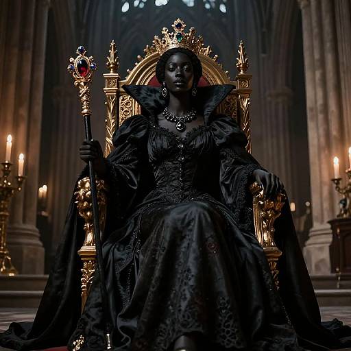 Enigmatic Black Queen in Gothic Throne