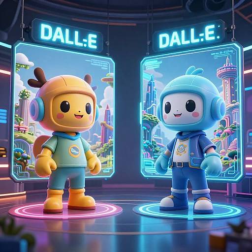 CGI image of two cartoon-style robots, Dale.E, one yellow with headphones and blue outfit, one blue with hood, standing on neon circles.