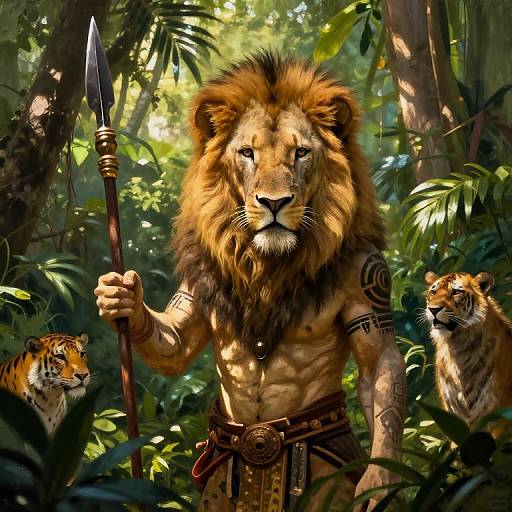 Digital artwork of a muscular, tattooed male lion with a spear, standing in a lush jungle, flanked by two cubs. Bright sunlight filters