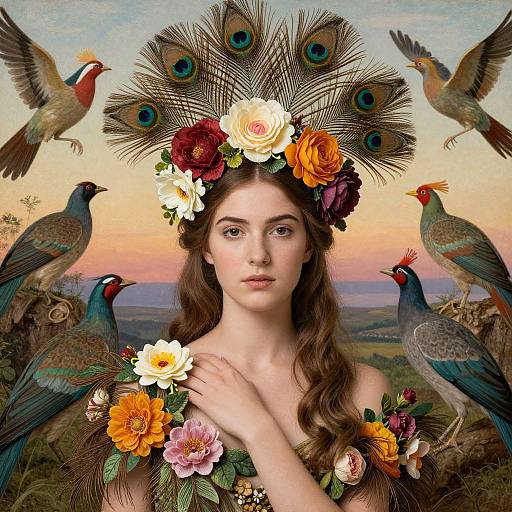 Digital art: Fair-skinned woman with long brown hair, wearing peacock-feathered headdress and flower crown, surrounded by four colorful peac