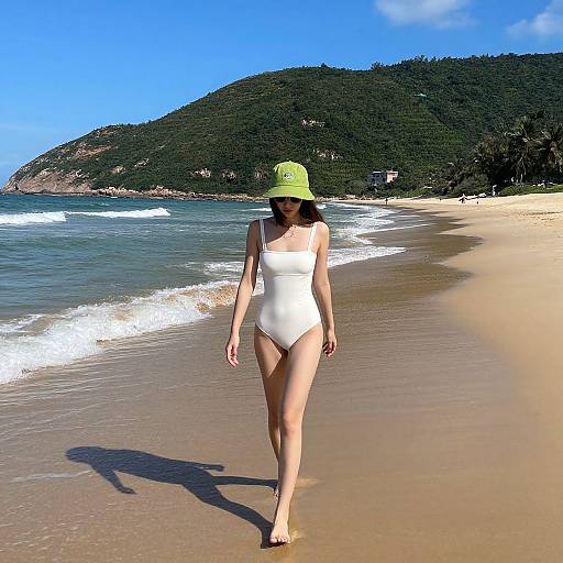 Photograph of a woman in a white one-piece swimsuit and neon green bucket hat walking on a sandy beach with waves and a forested hill in