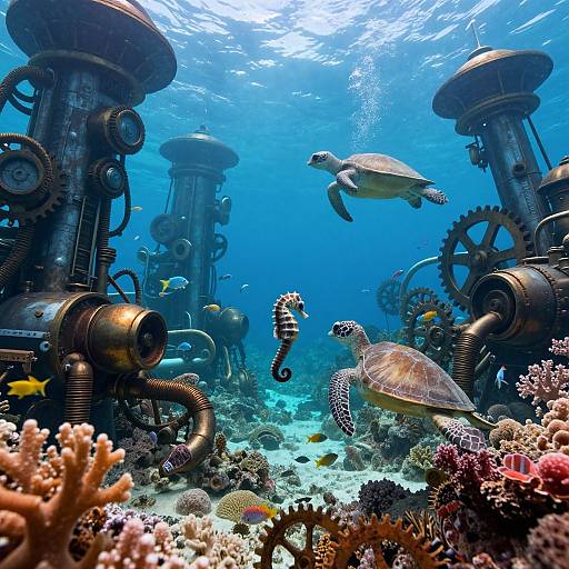 Photograph of vibrant underwater scene with a turtle, seahorse, and various corals surrounded by large, industrial-like metal structures with gears. Bright