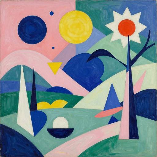 Abstract painting with bold shapes: yellow sun, red sunflower, blue circles, white and pink arcs, green hills, and geometric forms.