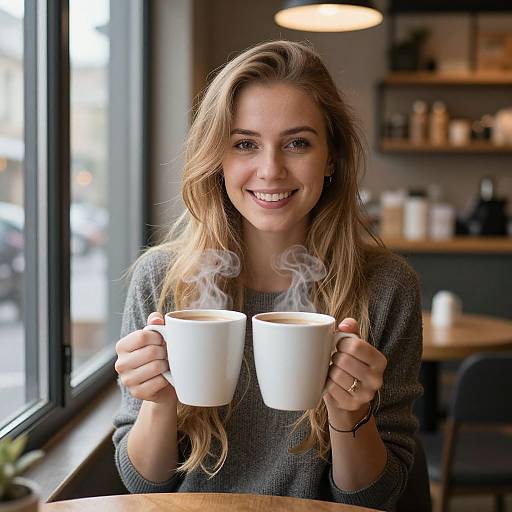 Photograph of a smiling blonde woman with wavy hair, holding two steaming white cups in a cozy, sunlit café.