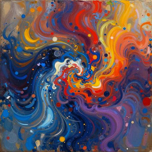 Abstract painting with swirling patterns of vibrant reds, blues, yellows, and whites, creating a dynamic cosmic-like effect with splashes and fluid motion