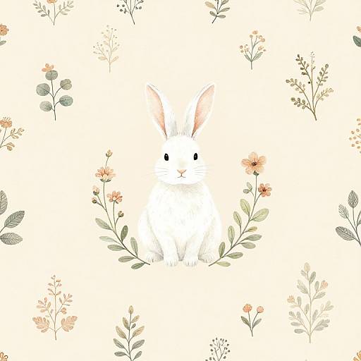 Naïve Art Boho White Rabbit with Floral Pattern