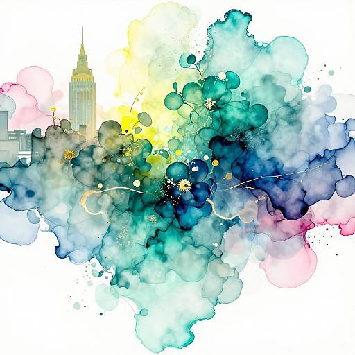 Abstract watercolor painting featuring a cityscape with a tall building on the left, vibrant splashes of blue, green, yellow, and pink, and
