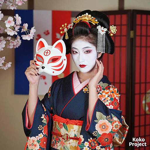 Vibrant Japanese Woman in Floral Kimono