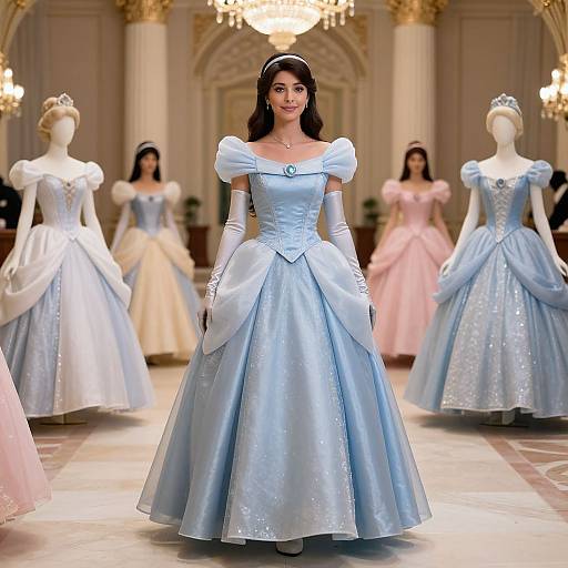Photograph of a brunette woman in a light blue, puffed-sleeve ball gown with a sparkling bodice, standing in a grand hall with