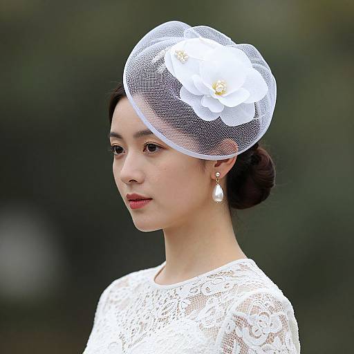 Photograph of an East Asian woman with fair skin, wearing a white lace dress and a white mesh hat adorned with a large white flower, pearl earrings